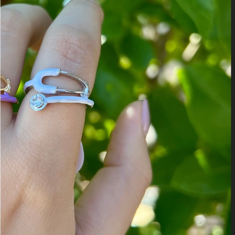 Stethoscope ring - silver with white enamel and clear stone - size 7